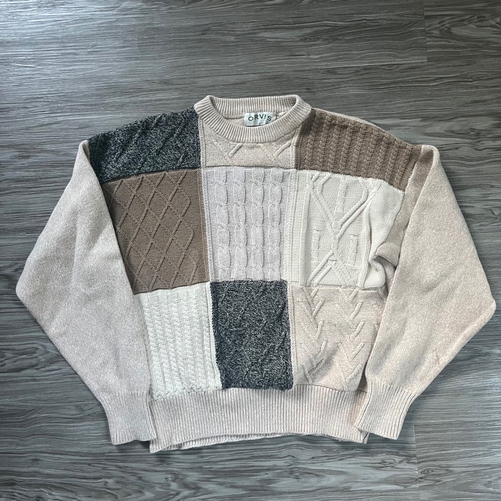 Vintage Orvis Mens XL Patchwork Cable Knit Sweater Cotton Crewneck Beige Tan 566